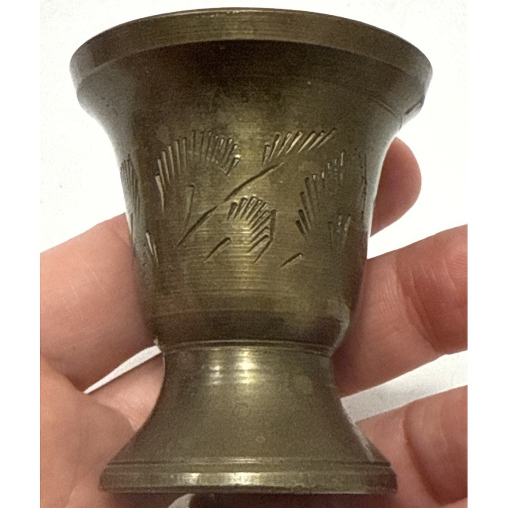 Vtg Etched Small Brass Cup/Apothecary Mortar/Ceremonial Chalice-India-2 1/8" H